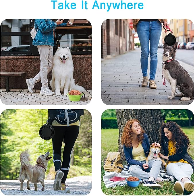 PetBonus 2-Pack Large Silicone Collapsible Dog Bowls, 34oz/1000ml BPA Free Portable Foldable Travel Bowl for Pet Cat, Food Water Feeding Dish for Camping with 2 Carabiners (Light Blue & Green)