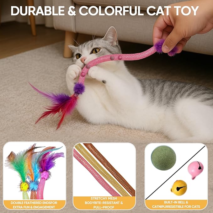 Cat Toys for Indoor Cats – 2 Pack Feather Toys with Pom-Pom & Bells, 19.5 Inch Teething Cat Toys Bundle for Chew, Cat Spiral Spring, Kitten Teething Toys