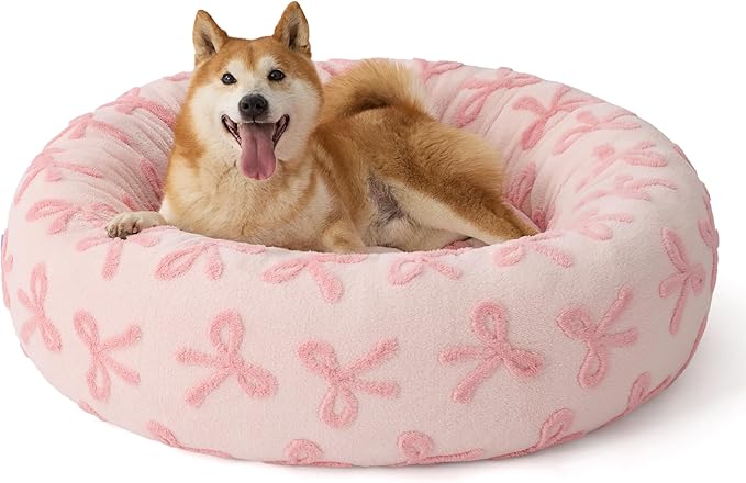 LE SURE Donut Large Dog Bed - Round Cat Beds for Indoor Anti-Anxiety Calming Pet Beds, Washable Cute Modern Beds with Teddy Sherpa Plush & Anti Slip Bottom, 36 Inch, Pink Taffy