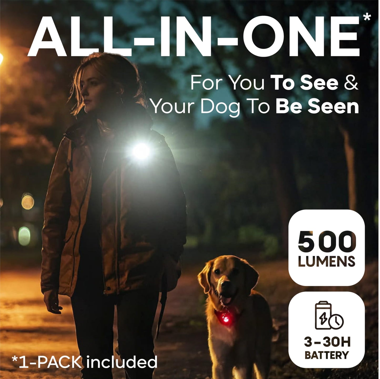 Dog Collar Light (1 Pack), Powerful 500 Lumens Dog Lights for Night Walking, New Generation Rechargeable Reflective Dog Light - Dog Hiking Gear