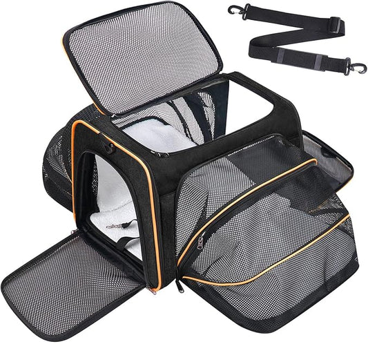 Expandable Cat & Dog Carrier, Large Expandable Collapsible Travel Bag with Safety Zippers, 3 Open Doors, Removable Fleece Pad for Puppies & Small Animals, Airline Approved