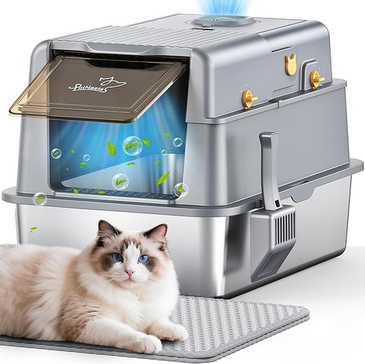 L7 Ultra-Stainless Steel Litter Box with Smart Odor Control System, XXL Extra Large Enclosed Metal Cat Litter Box with Lid for Kitty&Big Cats, High Sided Enclosure with Scoop & Mat, Anti-Leakage-Grey