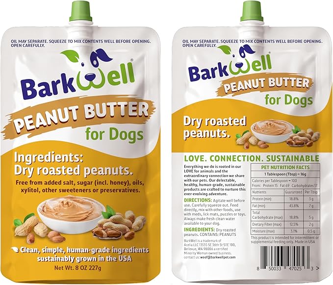 Peanut Butter Squeeze - 8oz Pouch All-Natural Dog Peanut Butter, Sourced and Made in The USA Grain Free Dog Treat 100% Natural, Lick mat Topper, Puzzle Toy Fill