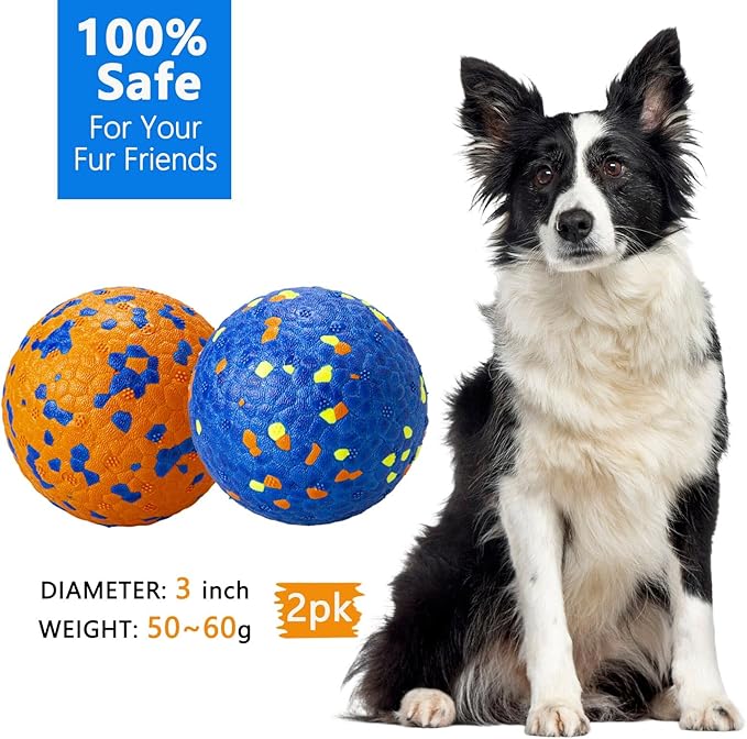Indestructible Dog Tennis Balls for Aggressive Chewers, Indestructible Dog Balls for Fetch Game, Durable Bouncy Lightweight Floating Toys (1 Blue + 1 Orange, Large (3" Diameter))