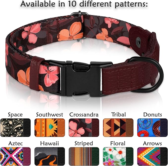 AirTag Dog Collar with Metal Buckle - Soft Leather Printed Nylon Dog Collar with Apple AirTag Holder - Cute Tracking GPS Pet Collars for Girl Boy Small Large Dogs (M, 14"-18" Neck Fit, Crossandra)