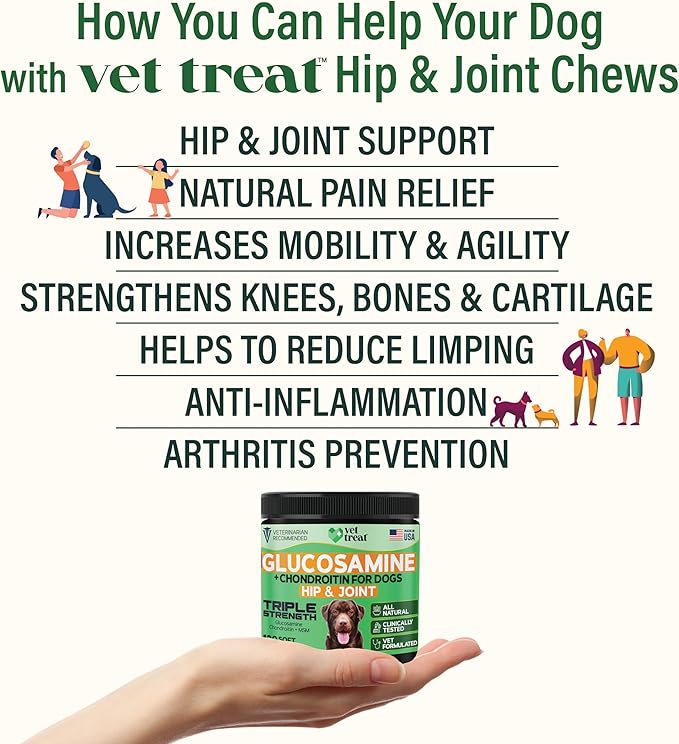 Glucosamine for Dogs – Hip & Joint Supplement with Chondroitin, MSM, Turmeric, Hemp Oil & Green Lipped Mussel – Arthritis Pain Relief, Mobility Support – Vet-Formulated, USA Made – 120 Chews