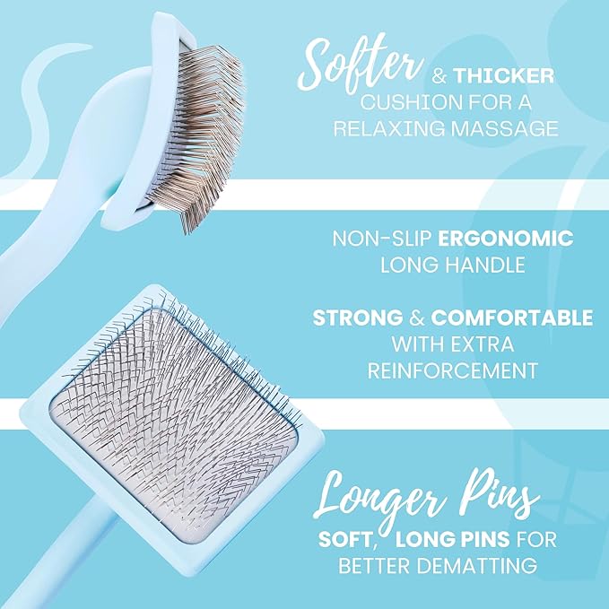 Pet Slicker Brush With Soft Massage Grooming Stainless Steel Pins - For Dematting, Shedding Fur, and Undercoat - Ideal Gift for Professional Pet Groomers - Long Slicker Brush - Flying Pawfect