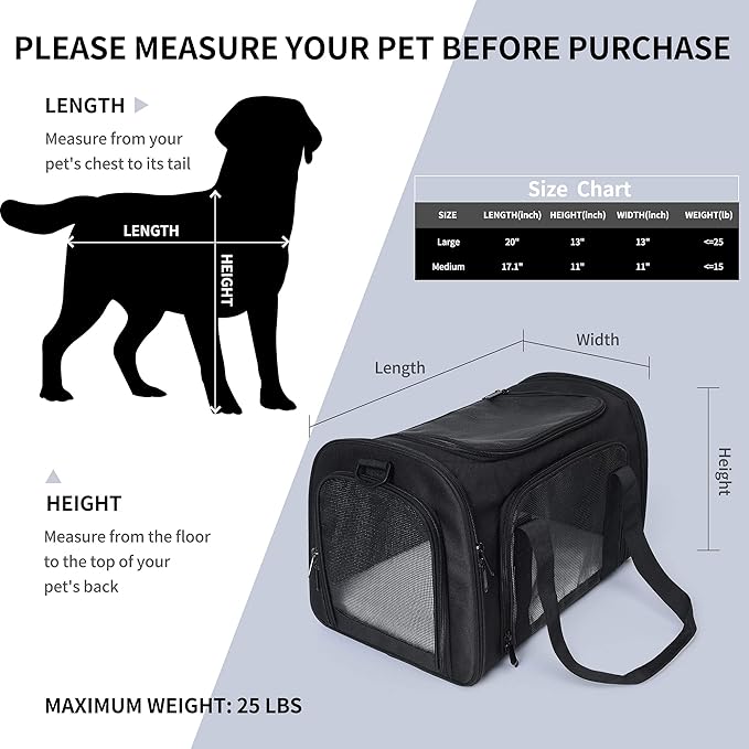Mile High Life | Outdoor Travel Pet Carrier | Kitty Puppy Cat Carriers | Collapsible Dog Carrier for Small Medium Dogs | Cat Crates w Breathable Mesh with Soft-Sided (Black, Medium)