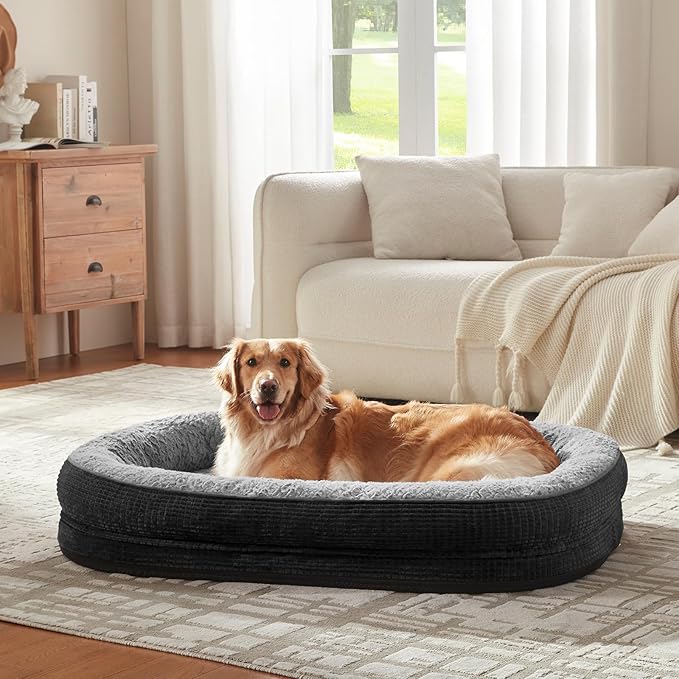 JOEJOY Orthopedic Dog Beds Large Sized Dog, Egg-Crate Memory Foam Pet Couch Bed with Bolster Sides, Waterproof Lining, Removable Washable Cover & Non-Slip Bottom, Black