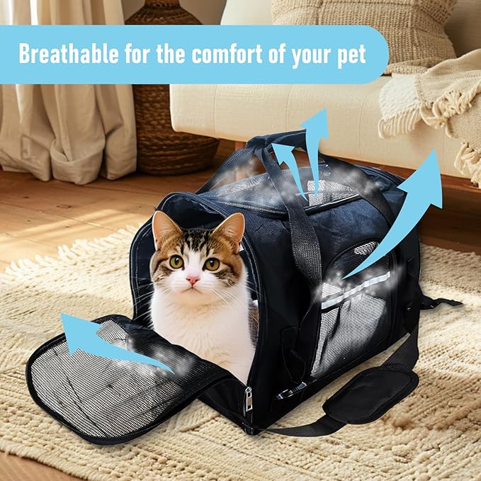 Expandable Cat Carrier for Travel, Soft-Sided Pet Carrier for Cats and Small Dogs, Airline Approved, Comfortable & Breathable Cat Carrying Bag with Adjustable Strap for Daily Use & Airplane(Black)