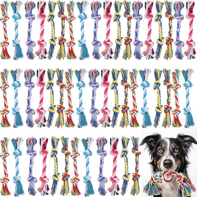 Syhood 48 Pcs Dog Toys Bulk Chew Ropes Dental Cotton Teething 2 Knot Tug of War Toy for Aggressive Chewers Small and Medium Dogs Puppies