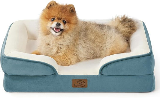 Bedsure Orthopedic Dog Beds for Small Dogs - Washable Small Dog Cat Bed Waterproof, Comfort Pet Couch Sofa with Washable Removable Cover, Pets Bed with Nonskid Bottom, Dune Haze Blue, 24"