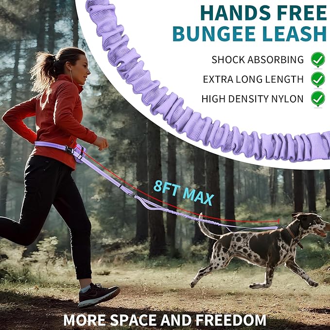 Hands Free Dog Leash with Removable Zipper Pouch, Dual Padded Handles and Durable Bungee for Walking, Jogging and Running-Purple