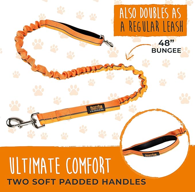 Mighty Paw Hands Free Dog Leash | Bungee Waist Leash for Dog Walking. Pet Running Hands Free Tether for Large, Medium & Small Breeds. Pet Waist Belt (36" - 48") Up to 150 lbs - Orange
