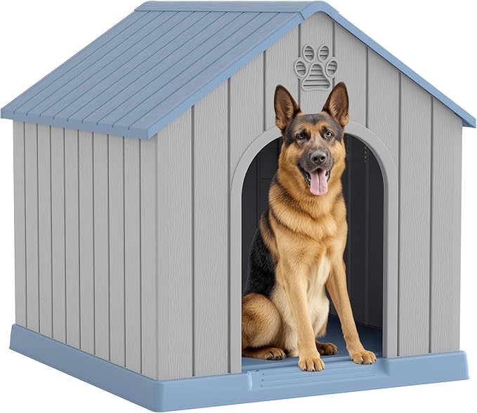 Large Dog House Outdoor Indoor for Medium Large Dogs, Durable Plastic Waterproof Doghouse with Air Vents and Elevated Floor, Easy Clean and Assemble (Blue, 36.2''LĂ38''WĂ38''H)