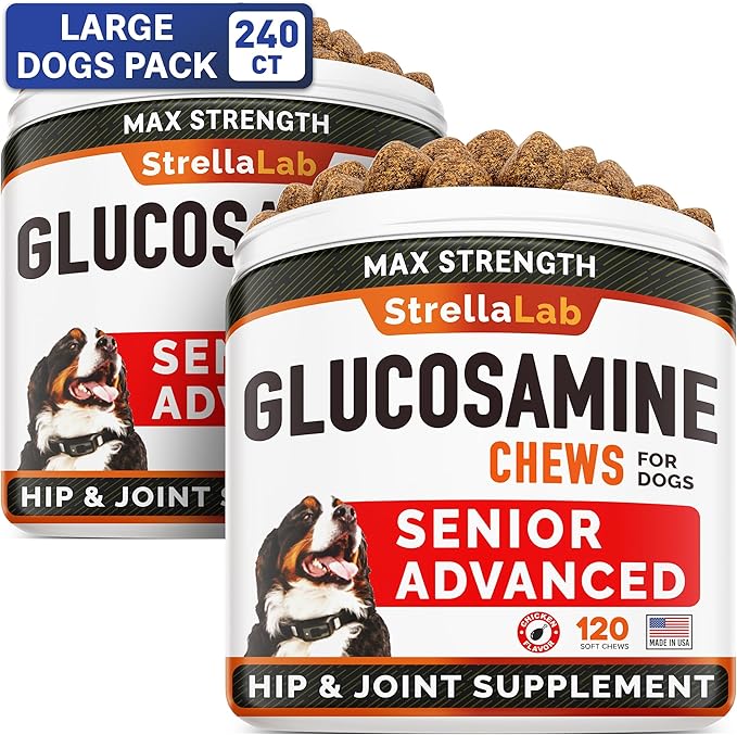 Senior Advanced Glucosamine Joint Supplement for Dogs - Hip & Joint Pain Relief - Small + Large Breeds -Omega-3 Fish Oil - Chondroitin, MSM- Mobility Soft Chews for Older Dogs - Chicken Flavor - 240Ct