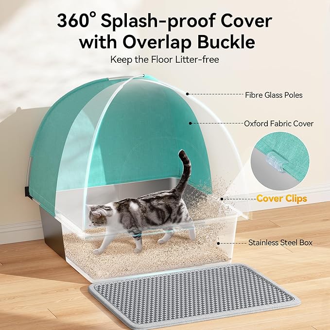 Meowant Stainless Steel Cat Litter Box with Lid, Extra Large Square 3-in-1 Enclosed Metal Litter Box with High-Sided Oxford Fabric Cover, Metal Scoop, Odorless, Non-Sticky,Leak-Resistant,Easy to Clean