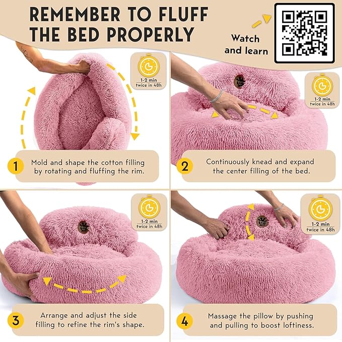 PetJett Calming Dog Bed for Small Dogs – 23" Donut Dog Beds, Anti-Slip & Washable Fluffy Plush Faux Fur Pet Bed, Anti-Anxiety Premium Comfort Round Puppy Bed, Fits Dogs up to 25 lbs – Pink