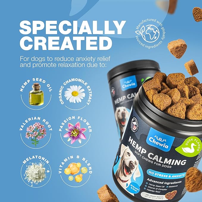 Hemp Calming Chews for Dogs Anxiety - Dog Calming Treats with Melatonin, Valerian Root, Chamomile Extract & Vitamin B Complex - Canine Chews for Vet Visits, Grooming, Travel, Thunderstorms, Fireworks