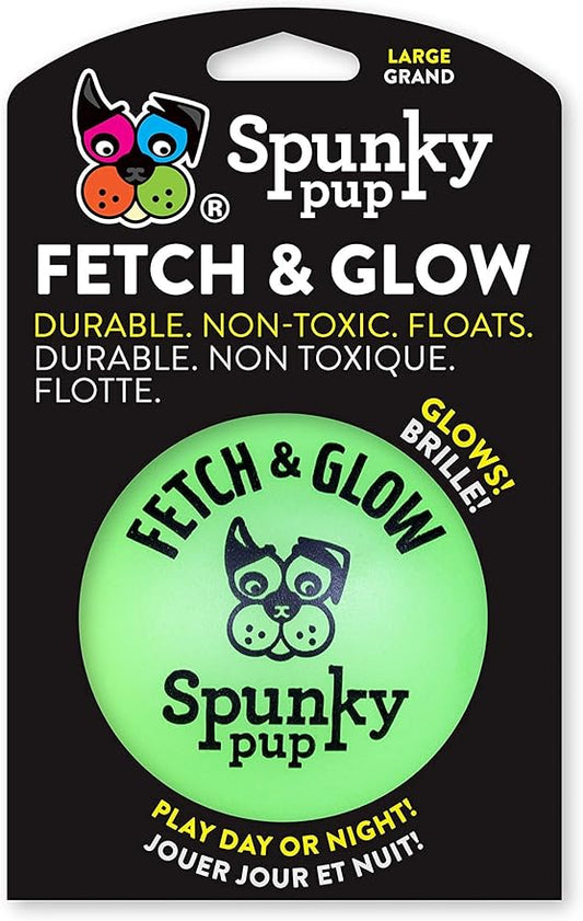 Spunky pup Fetch & Glow Ball Dog Toy | Glowing Logo Toss Balls for Large Dogs | Indoor & Outdoor Active Play | Durable | Waterproof & Floats | Non Toxic | Assorted Colors | For Large Dogs