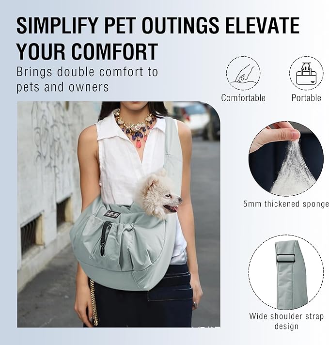 Dog Carrier Sling - Extra Wide Padded Shoulder Straps, Adjustable Hands-Free Small Dog Camier, Ergonomic Design for Travel and Daily Walks, for Small Dogs and Cats 12 lbs, (Light Grey)