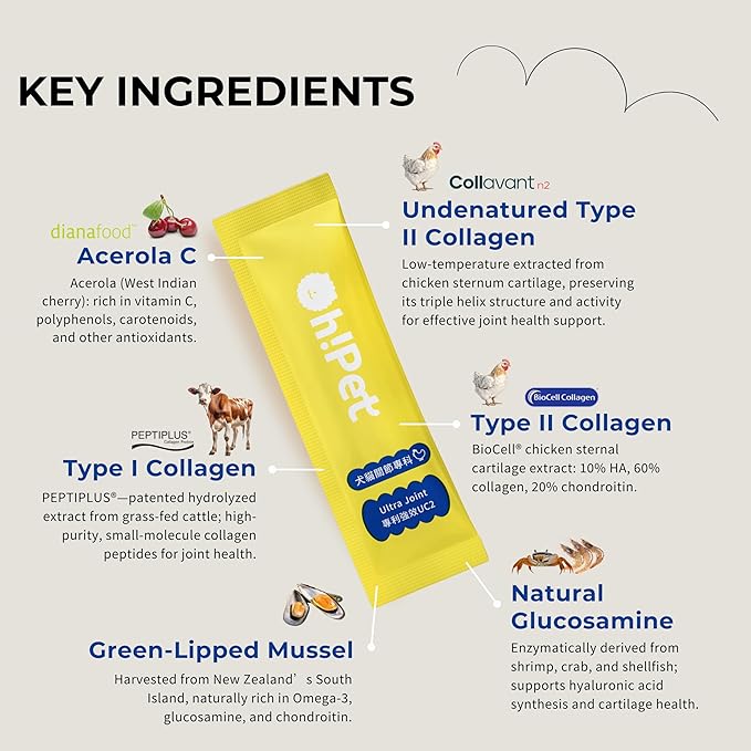 Oh!Pet® Hip & Joint Glucosamine for Dogs & Cats – UC2 & Collagen (30 Packets)