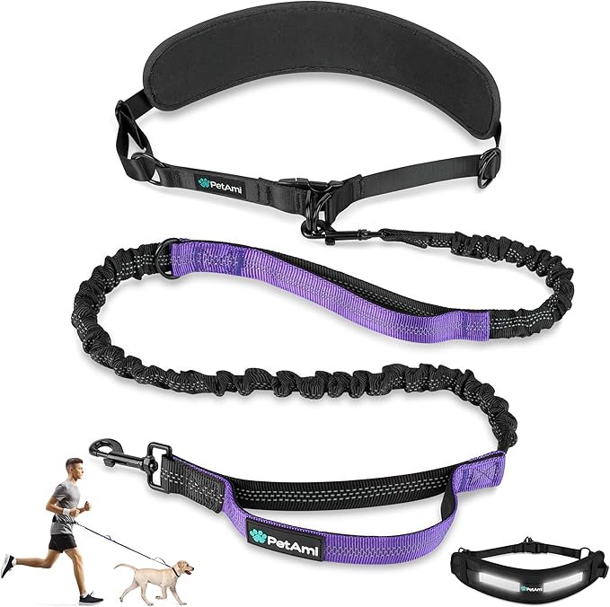 PetAmi Heavy Duty Hands Free Dog Leash, Adjustable Waist Belt for Large Dog Walking Up to 125 lbs, Bungee Leash for Pet Running, Hiking, Reflective Safety for Jogging, Biking, Purple Handle