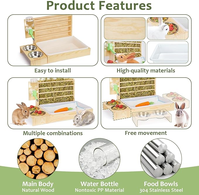 Rabbit Hay Feeder with Litter Box, Small Animals Hay Rack with Water Bottle, and 2 Bowls, Wooden Bunny Hay Holder Feeder Toilet Combo for Rabbit, Guinea Pig, Hamster, Hedgehog, Chinchillas