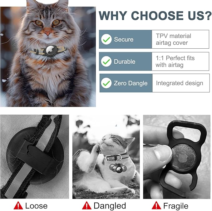 Reflective AirTag Cat Collar, Integrated Cat Tracker Collar with Air Tag Holder and Bell, Safety Elastic Band Cat GPS Collars for Girl Boy Cats, Kittens and Puppies (Khaki,S)