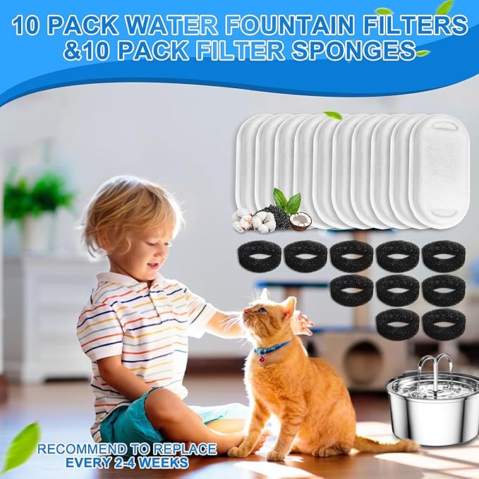 Cat Water Fountain Filters, 20Pack Cat Fountain Replacement Filters for Stainless Steel 108oz/3.2L& 67oz/2L adjustable Water Flow Pet Water Fountain,Dog Water Fountain Filters(10 Filters& 10 Sponges)