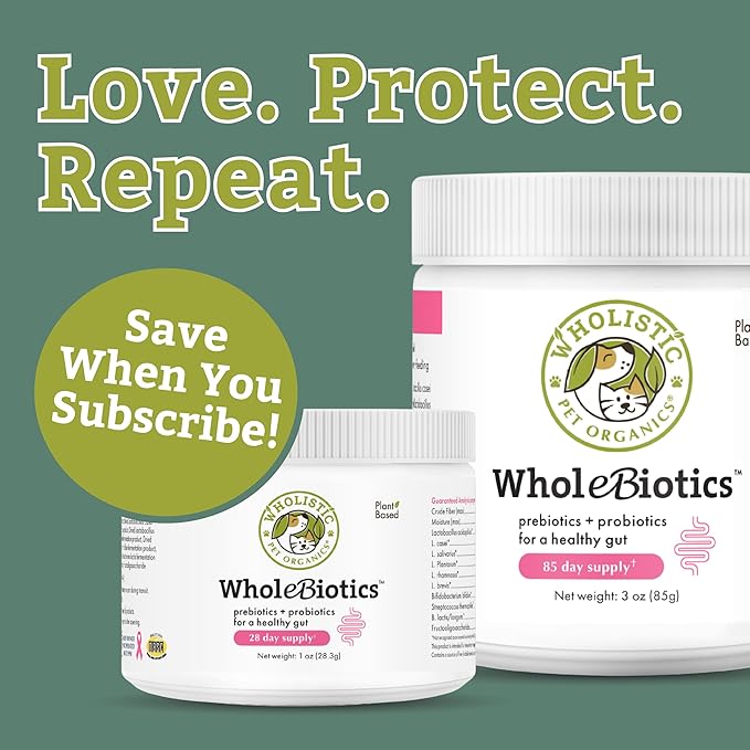 Wholistic Pet Organics WholeBiotics - Daily Dog Probiotics for Digestive Health Support & Immune Boost - 9 Strains - Prebiotics & Probiotics for Dogs & Cats - Gut Health for Dogs - 1 Oz - 28 Scoops