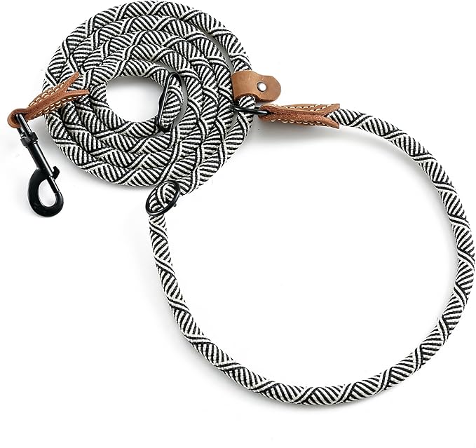 Mile High Life Hands Free Dog Leash, Crossbody Waist Leash with Genuine Leather Connection, Multifunctional Adjustable Slip Lead for Dog Walking Running (Blue White, 8FT)