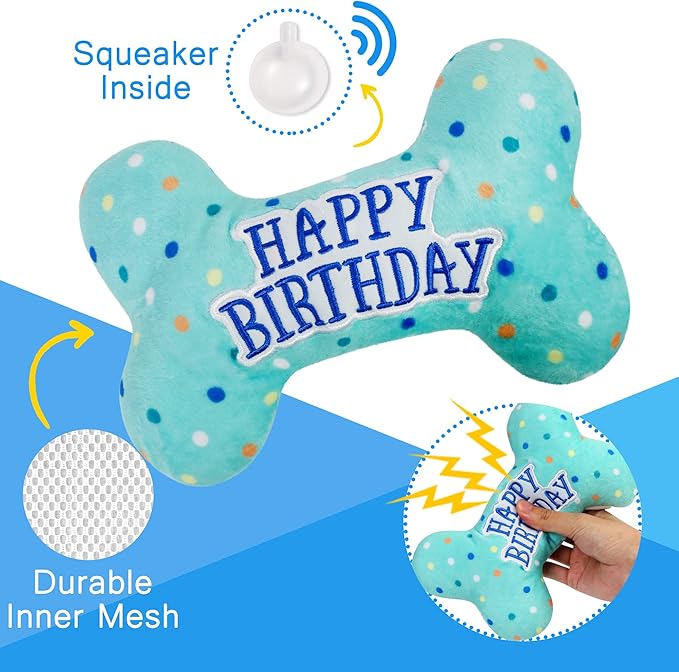 Prime Pets Dog Birthday Toys, Plush Dog Squeaky Toys, Stuffed Puppy Chew Toy for Small Medium Large Dogs, Bone Pet Toy