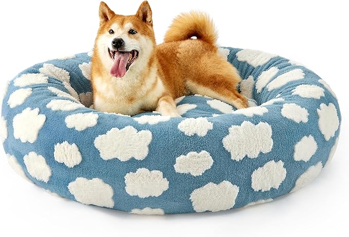 LE SURE Donut Dog Beds Large Sized Dog - Round Pet Beds for Calming Puppy with Washable Cover, Orthopedic Modern Beds with Jacquard Shaggy Plush & Anti Slip Bottom, 36 Inch,Blue