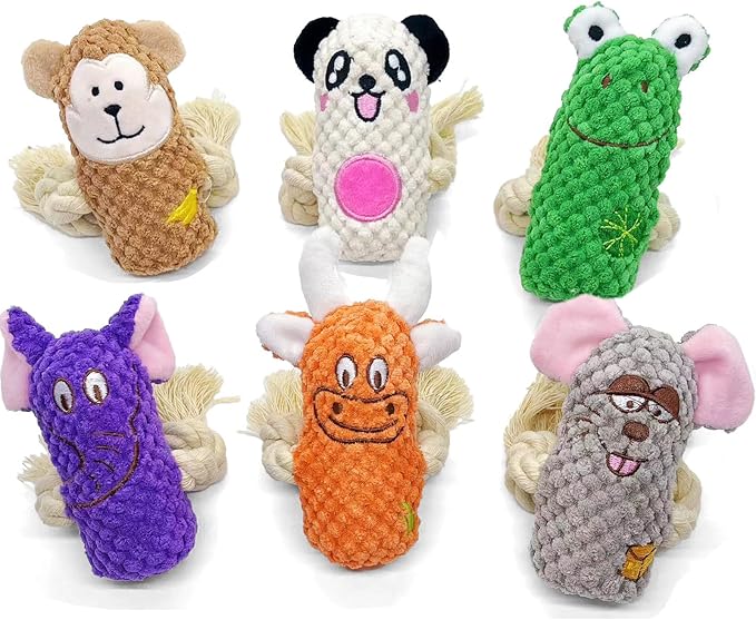 Cute Animal Squeak Dog Toys, No Stuffing Plush Toys, Durable Cotton Rope Chew Toys for Puppy and Small, Medium Dogs, 6 Pack