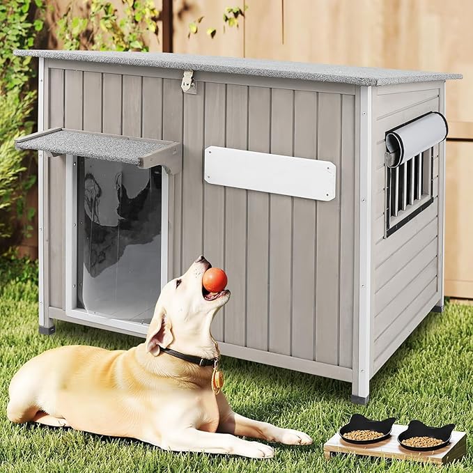 Large Outdoor Dog House Waterproof for Small to Large Dogs with Anti-Chewing Iron Frame, Raised Feet, Weatherproof Doghouse Kennel Shelter with Removable Floors(43" L*29.5" W*33.5" H)
