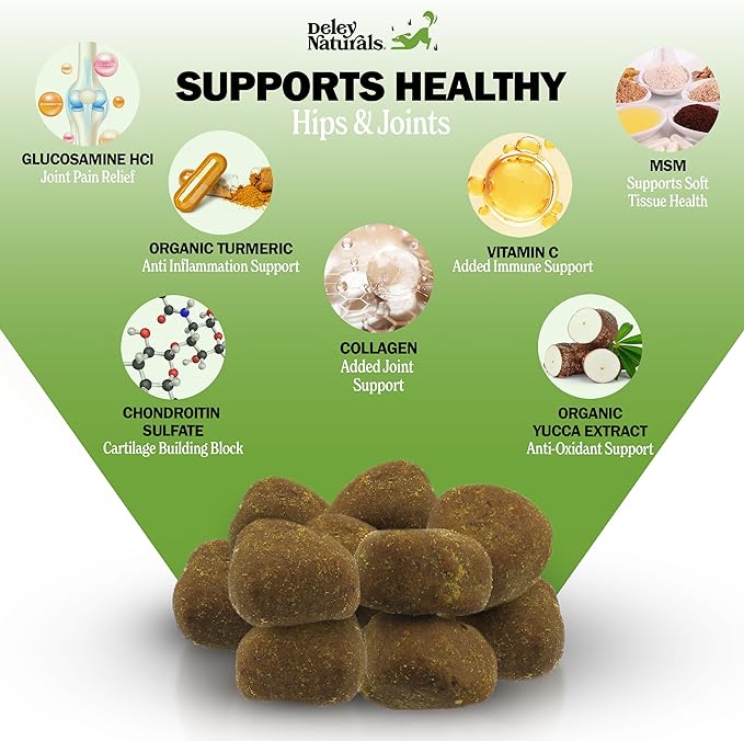 Deley Naturals Hip and Joint Supplement for Dogs - Glucosamine for Dogs with MSM, Turmeric, Chondroitin & Collagen Supplements - Joint Support Chews for Mobility, Flexibility & Comfort - 120 Chews