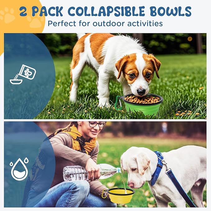Large Collapsible Dog Bowls, 2 Pack 34oz Portable Travel Dog Bowls, Foldable Water Bowl for Dogs, Pet Feeding Watering Dish with Carabiner, Food Grade Silicone BPA Free(Yellow+Green, L)