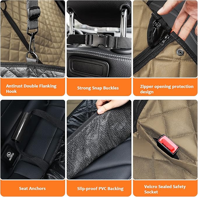 URPOWER 6-in-1 Dog Car Seat Cover for Back Seat, Waterproof Dog Car Hammock with Mesh Window, Non-Slip Pet Backseat Protector for Cars, Trucks and SUVs