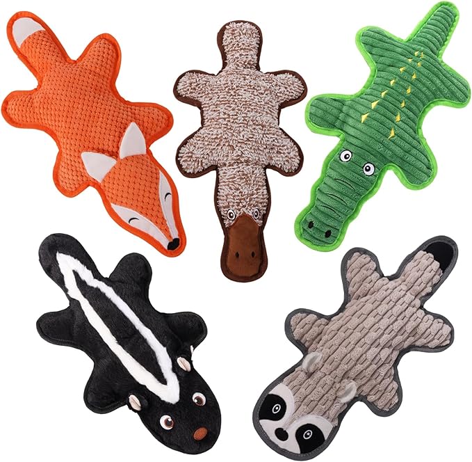 5 Pack No Stuffing Squeaky Dog Toys for Aggressive Chewers - Interactive Durable Plush Chew Toy with Crinkle Paper, Safe Pet Toy for Small to Large Breed, Ideal for Puppy Gifts & Tug of War Toys