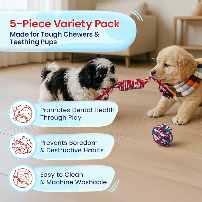 Pacific Pups Products Dog Rope Toys for Medium Dogs & Small Dogs 5 Pack - Puppy Teething Toys and Small Dog Toys - 5 Puppy Chew Toys for Teething
