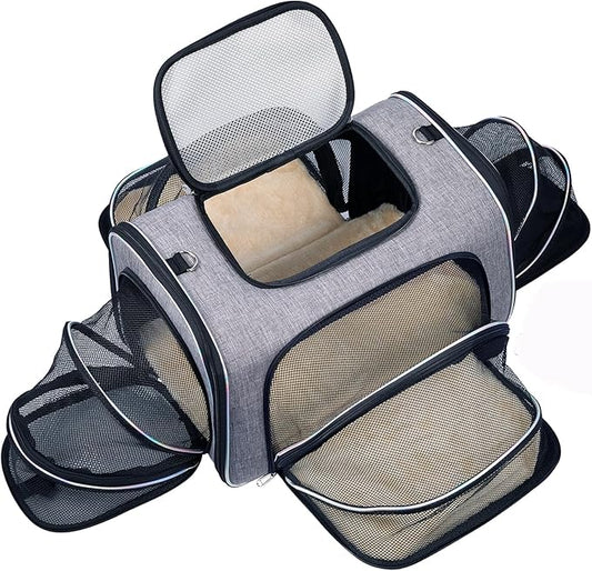 4 Way Expandable Cat Carrier, Airline Approved Soft-Sided Collapsible Pet Travel Carrier with Removable Fleece Pad, for Cats, Puppy, Small Dogs (18"x 11"x 11.5")Ideal for Car Rides, Vet Visits, & More