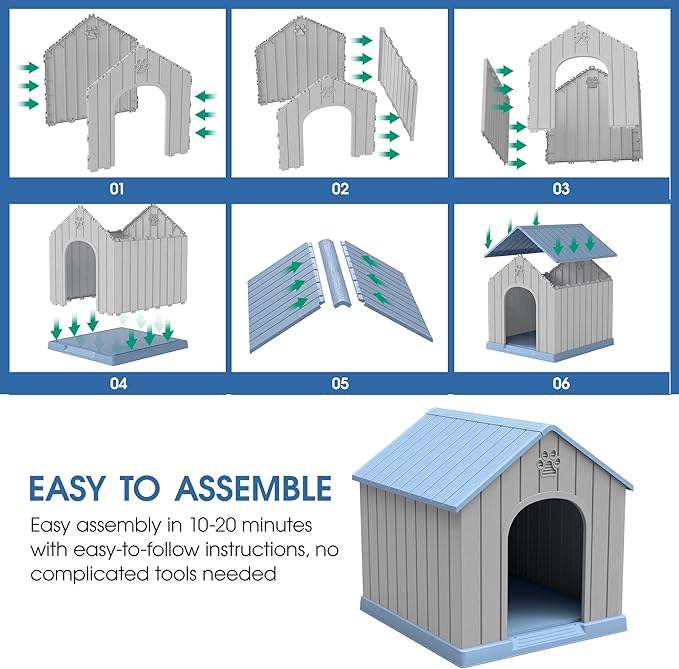 Large Dog House Outdoor Indoor for Medium Large Dogs, Durable Plastic Waterproof Doghouse with Air Vents and Elevated Floor, Easy Clean and Assemble (Blue2, 36.2''L×38''W×38''H)