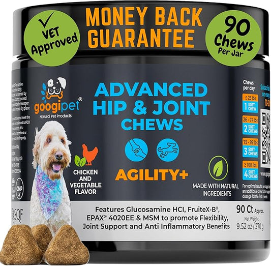 Googipet Hip and Joint Supplement for Dogs - Glucosamine for Dogs – Soft Chews w/Green Lipped Mussels, Turmeric, & Collagen for Arthritis & Mobility for All Ages & Breeds