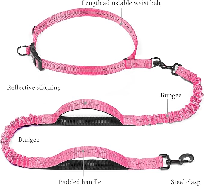 iYoShop Retractable Hands Free Dog Leash - Dual Handle Bungee Waist Leash for Small, Medium and Large Dogs (Medium/Large, 25-150 lbs, Pink)