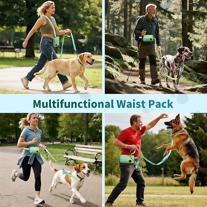 Hands Free Dog Leash with Removable Zipper Pouch, Dual Padded Handles and Durable Bungee for Walking, Jogging and Running-Cyan