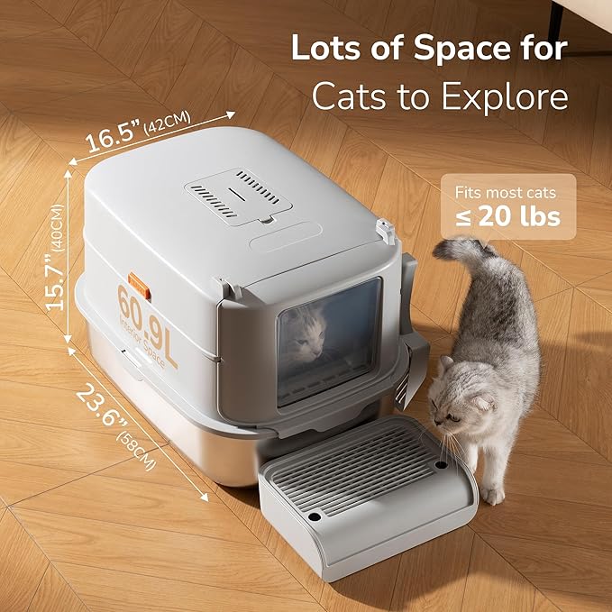 Stainless Steel XL Cat Litter Box with Lid & Door Flap, Extra Large Enclosed Metal Litter Box with High Sides, Light Grey