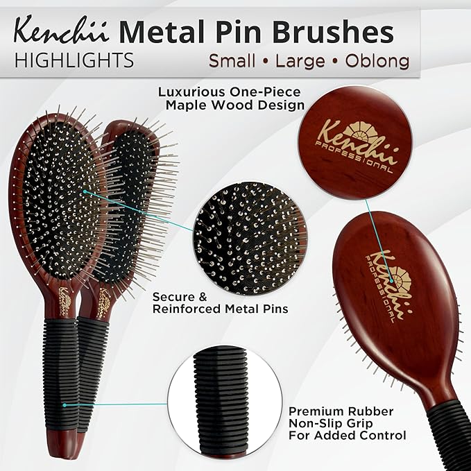 Kenchii Pet Grooming Metal Pin Brush for Dogs and Cats, Size Large, Solid Wood Handle, Non Slip Grip, Detangling and Shedding Brush for Long or Short Haired Pets, All Hair Type