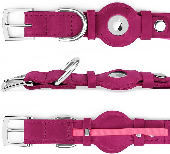 Leather Dog Collar with Airtag Holder - Apple AirTag Dog Collars - Soft Tracking Smart GPS Pet Collar for Small Medium Large Dogs Puppy (Pink, L, 15"-19" Neck Fit)