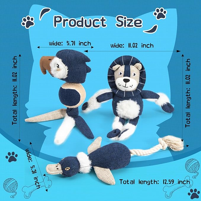 Durable Squeaky Dog Toy Set with Tug Rope | 3-Pack Interactive Plush Toys for Small to Extra Small Dogs | Animal Shapes – Lion, Parrot & Duck | Chew, Play, and Tug of War | Pet Toy Set
